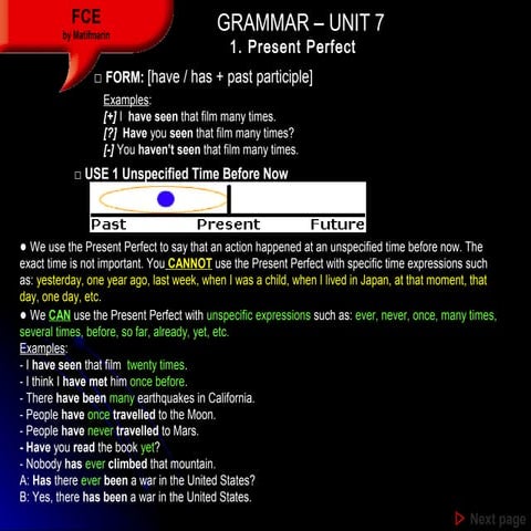 Unit 7 Grammar Contents - Present perfect