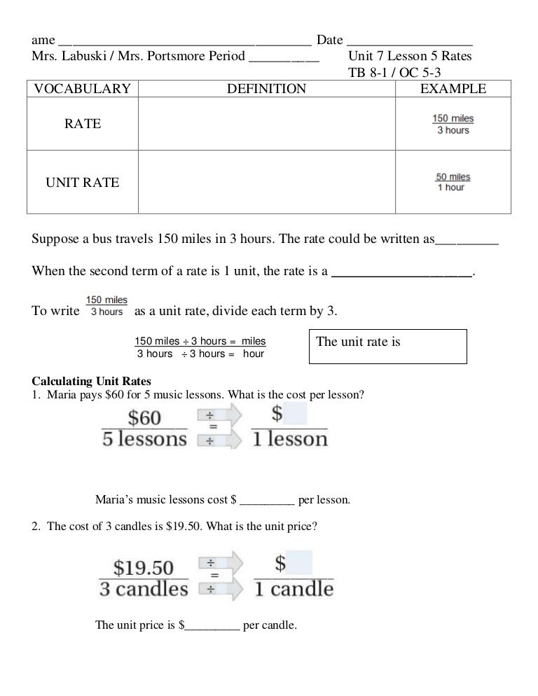 Unit 7 lesson 5 rates unit rates