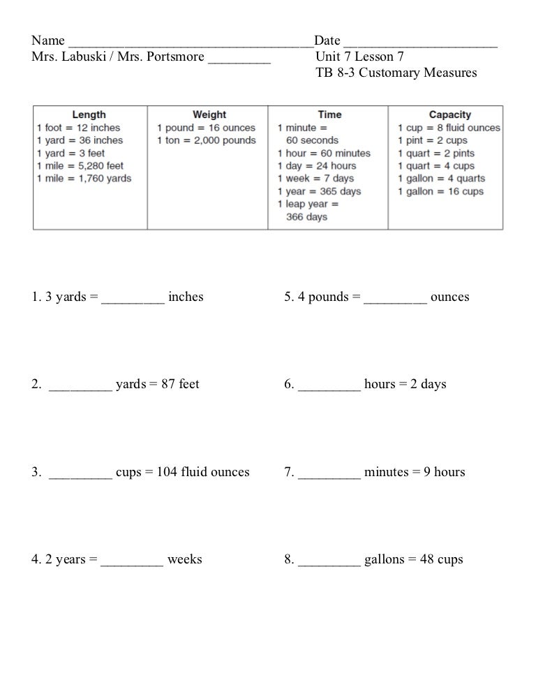Unit 7 lesson 7 customary measures