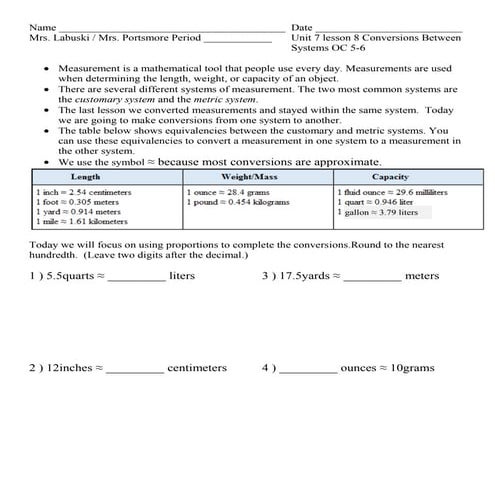 Unit 7 lesson 8 conversions between systems