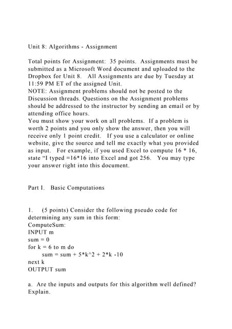 Unit 8 Algorithms - AssignmentTotal points for Assignment 3.docx