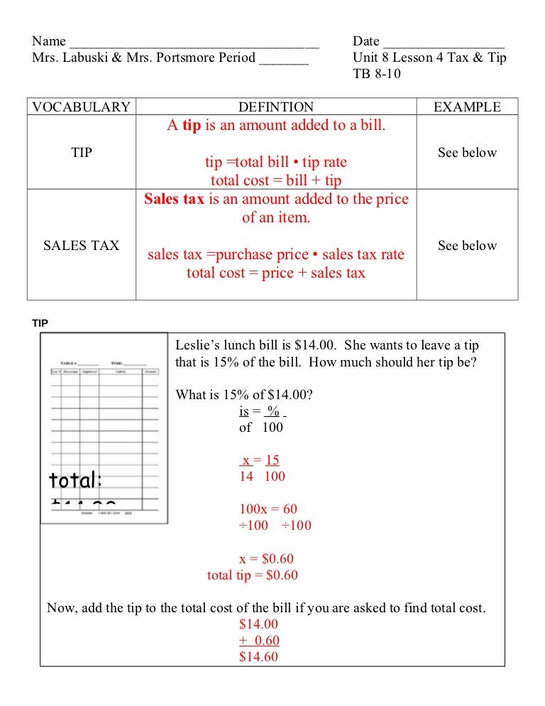 Unit 8 lesson 4 tax & tip