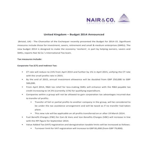 United Kingdom – Budget 2014 Announced