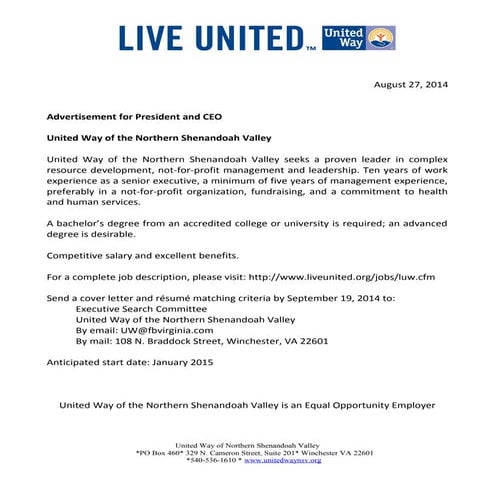 United Way of Northern Shenandoah is Looking for a CEO