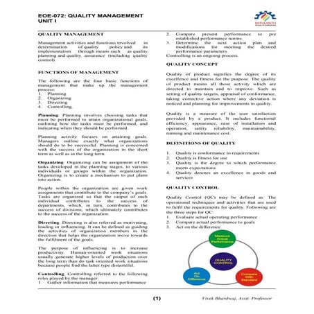 UNIT I - QUALITY MANAGEMENT