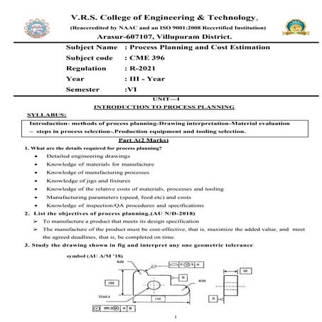 Process Planning and cost Estimation (Regulation 2021)