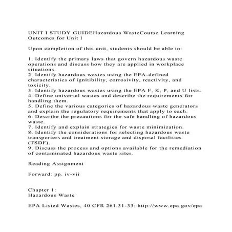 UNIT I STUDY GUIDEHazardous WasteCourse Learning Outcomes for Unit.docx