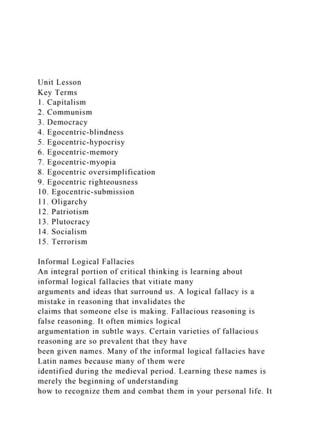 Unit Lesson  Key Terms 1. Capitalism  2. Communism  3..docx