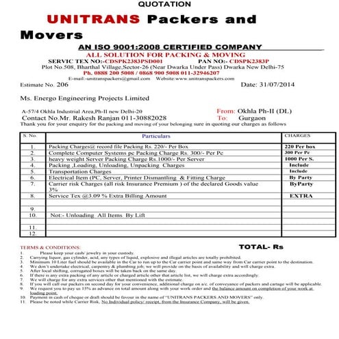 Quotations format for Packers and Movers Companies in India | PDF