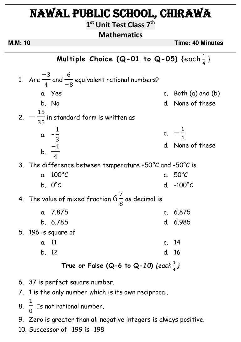 Maths Paper RBSE class 7