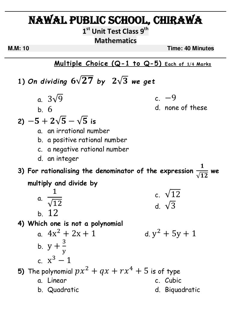 RBSE Unit test 1 class 9 maths