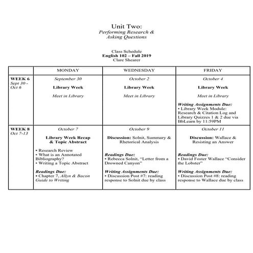 unit four / class schedule / english 102 / fall 2019 | PDF
