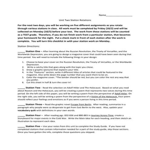 Unit Two Station Work Checklist And Directions