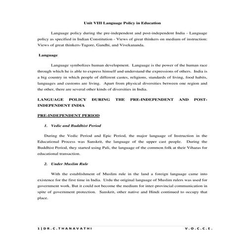 Unit VIII Language Policy in Education Dr.C.Thanavathi