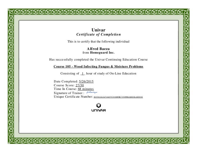 Univar certificate 1052