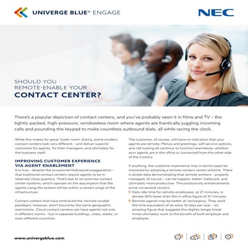 UNIVERGE BLUE ENGAGE: Should You Remote-Enable Your Contact Center?