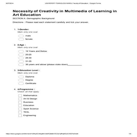 Questionnaire:: Necessity of Creativity in Multimedia of Learning art Education