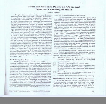 Need for National Policy on Open and Distance Learning in India