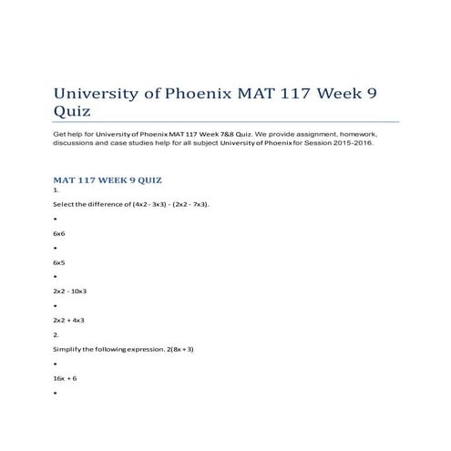 University of phoenix mat 117 week 9 quiz