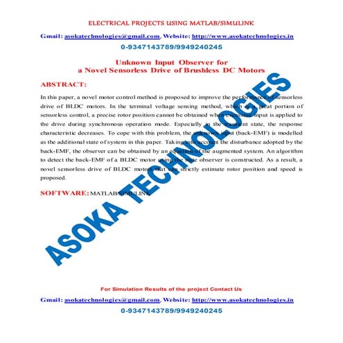Unknown input observer for a novel sensorless drive of brushless dc motors