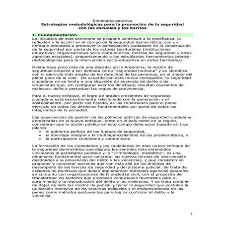 Programa del seminario "Estrategias metodológicas para la promoción de la seguridad con las escuelas y con los barrios"
