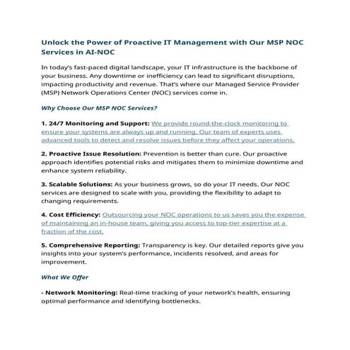 Unlock the Power of Proactive IT Management with Our MSP NOC Services in AI-N...