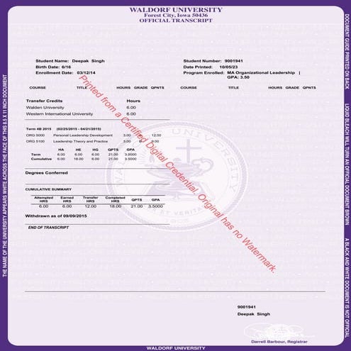 Unofficial Graduate Transcripts of Deepak (Danny) Singh January 22, 2025