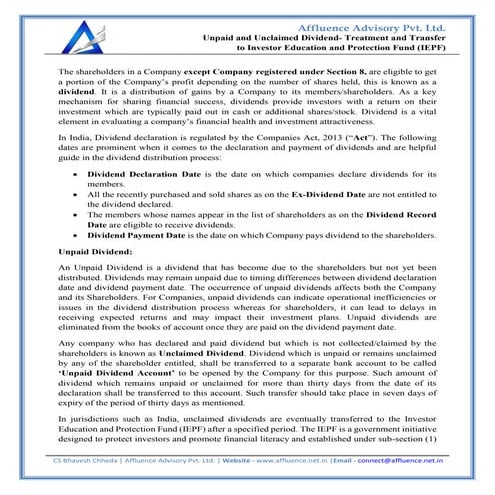 Unpaid and Unclaimed Dividend- Treatment and Transfer to Investor Education a...