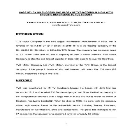  Case Study On Success And Glory of TVS Motors In India With Specific Referen...