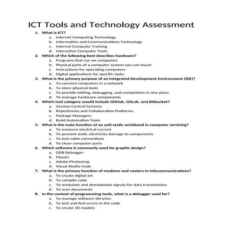 Multiple choice type of test sample for grade 8