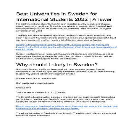 Best Universities in Sweden for International Students 2022 | Answer | PDF