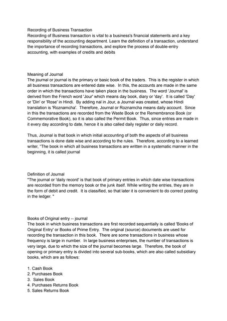 Recording of Business Transactions. Defination of Journal...
