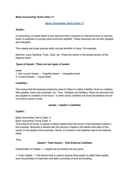 Basic Accounting Terms Class 11