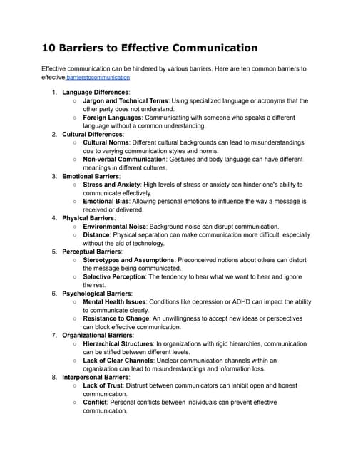 Barriers To Effective Communication In An Organization Pdf 10 Barriers to Effective Communications. | PDF