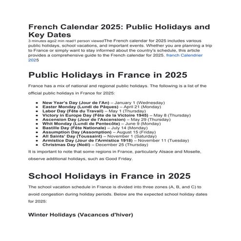 French Calendar 2025: Public Holidays and Key Dates | DOCX