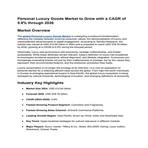 Personal Luxury Goods Market to Grow with a CAGR of 5.8% through 2030 | PDF