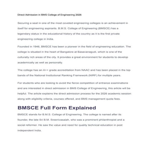 Direct Admission in BMS College of Engineering Bangalore 2026 | PDF