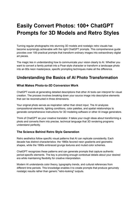 Easily Convert Photos: 100+ ChatGPT Prompts for 3D Models and Retro Styles