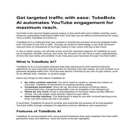 Get targeted traffic with ease: TubeBots AI automates YouTube engagement for ...