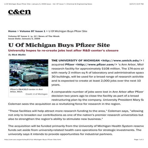 U of michigan buys pfizer site | january 5, 2009 issue   vol. 87 issue 1 | ch...