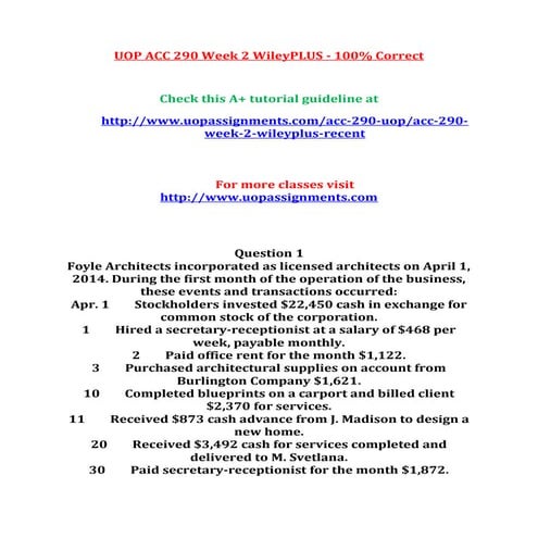 Uop acc 290 week 2 wiley plus  correct