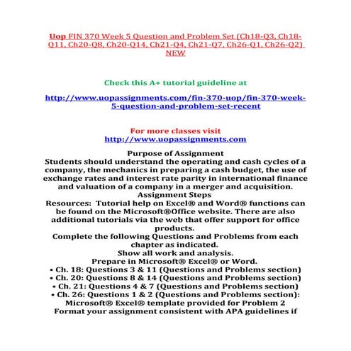 Uop fin 370 week 5 question and problem set