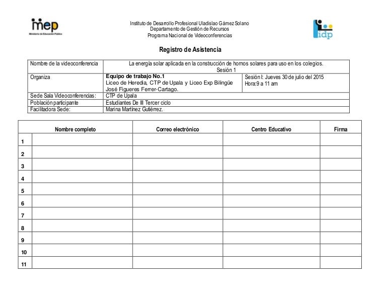 hoja de asistencia utilizada