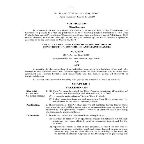 THE UTTAR PRADESH APARTMENT ACT 2010