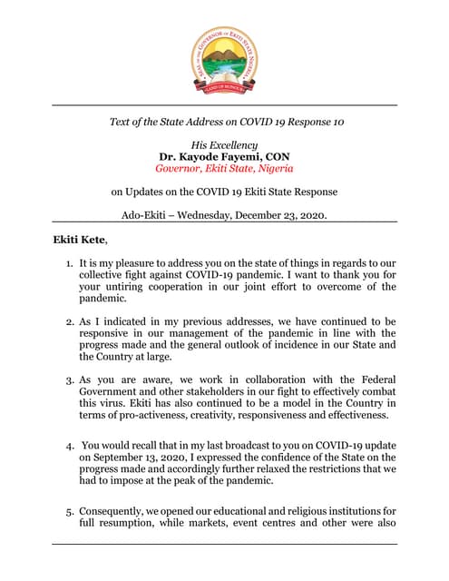 Address by His Excellency Dr. Kayode Fayemi, CON Governor of Ekiti ...