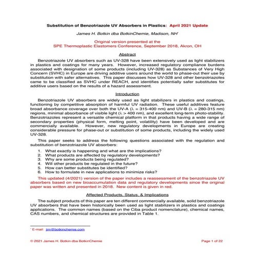 Substitution of Benzotriazole UV Absorbers in Plastics:  4/2021 Update