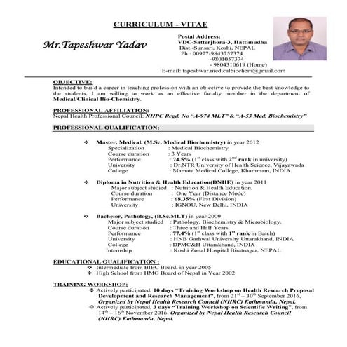 Tapeshwar Yadav Updated CV, 2020