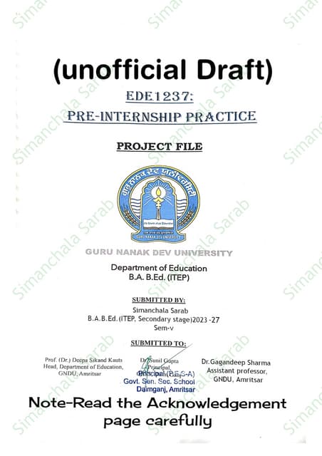 Unofficial Draft by Simanchala Sarab: #GNDU  #B.A. B.Ed. (#ITEP) #Pre-Interns...