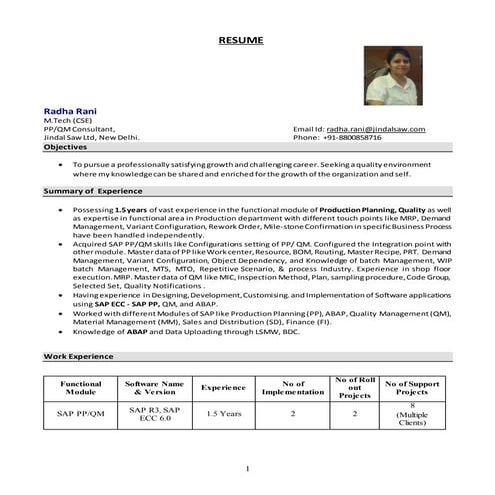 Radha Rani SAP(PP/QM) Consultant