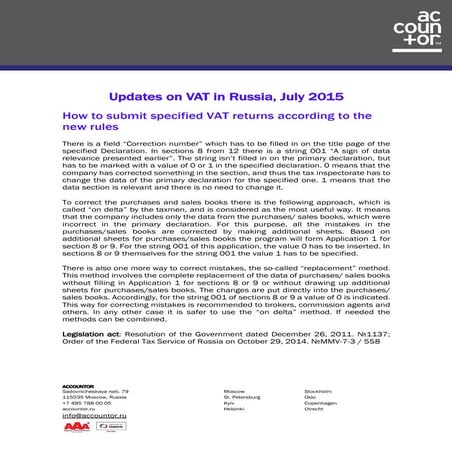 Updates on VAT in Russia, July 2015